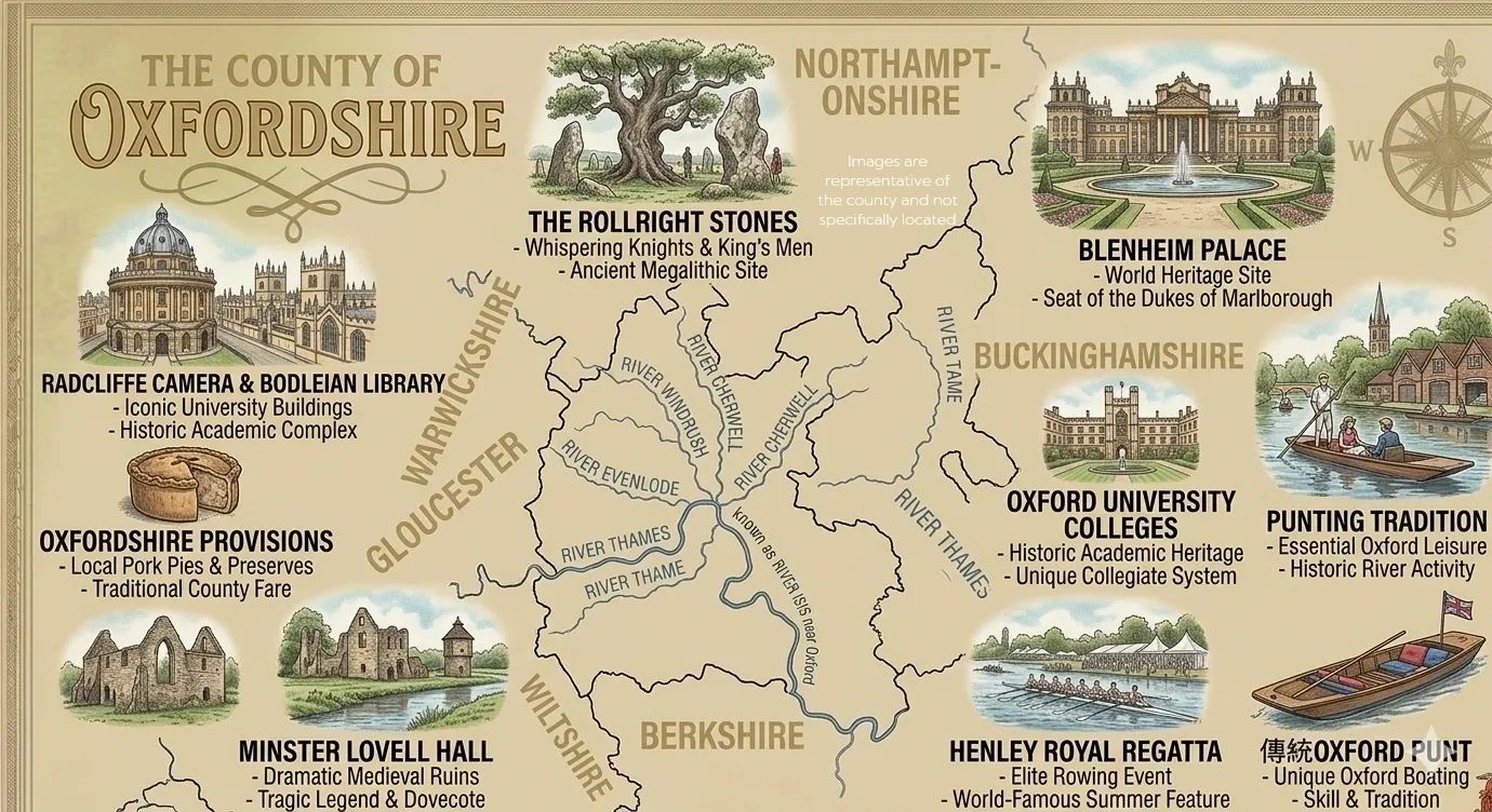 Map highlighting Oxfordshire's landmarks and traditions.