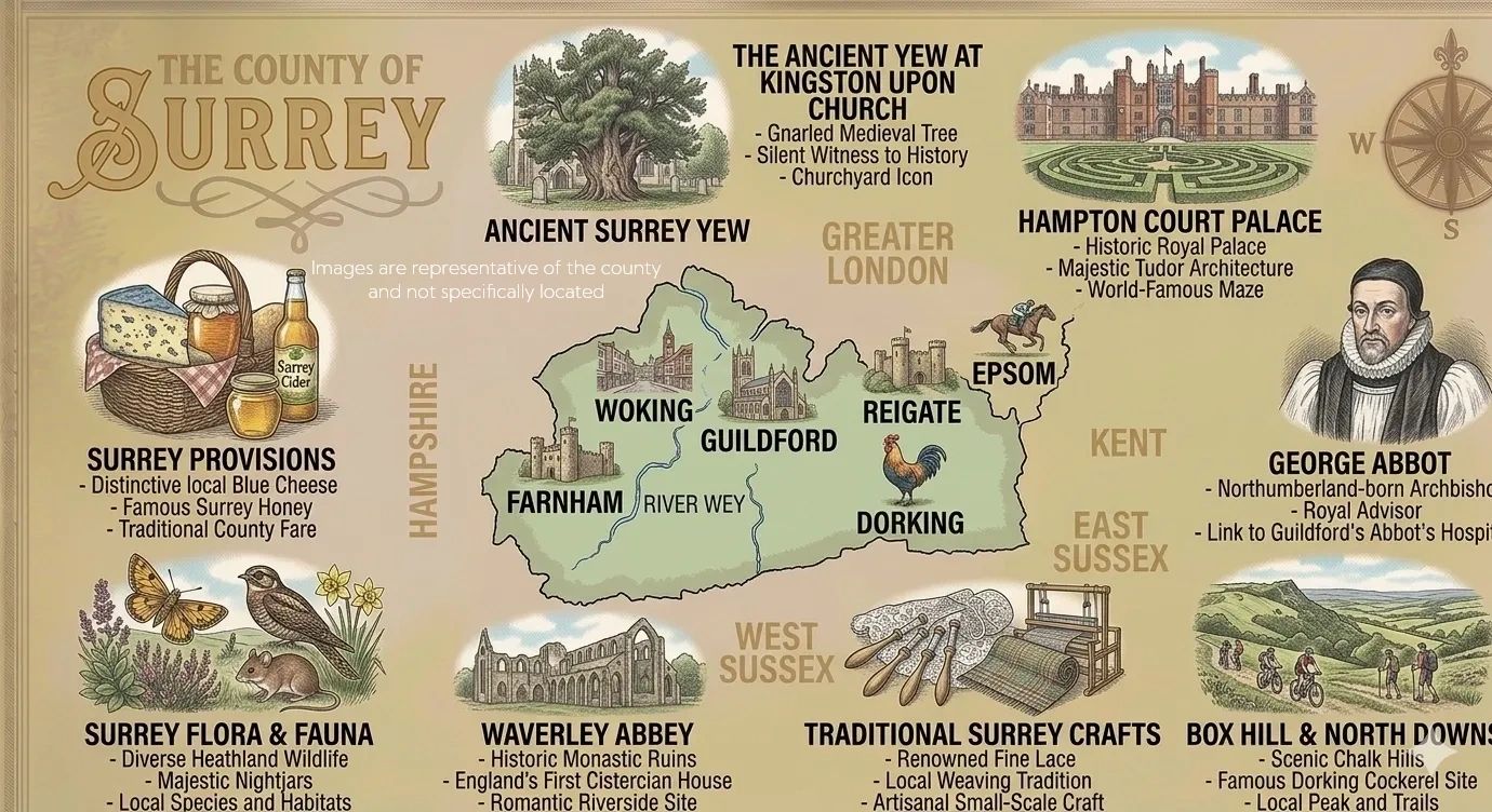 Illustrated map showcasing Surrey's landmarks, nature, and crafts.
