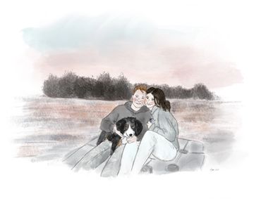 Two figures and a dog on a dock digital drawing 