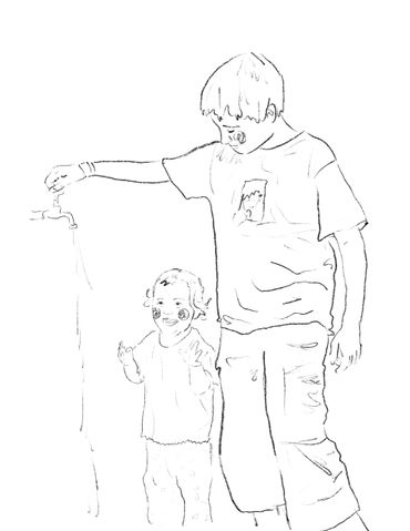 Digital line drawing of two kids playing with a tap