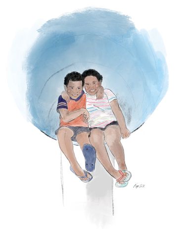 Two kids sitting on a structure digital drawing