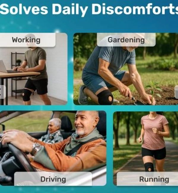 Knee support used during daily activities like working, gardening, driving, and running.