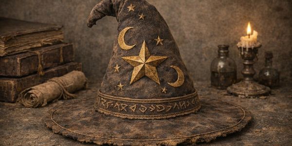 A mystical wizard hat with stars and moons on a rustic table.