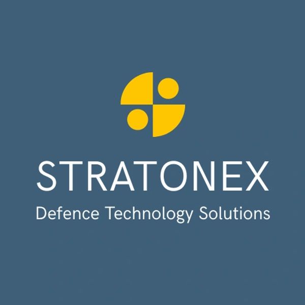 STRATONEX logo with yellow symbol and white text on blue background.