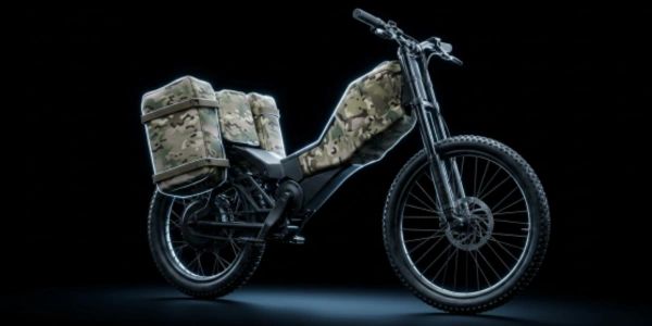 Electric bike with camouflage design and rear storage bags.