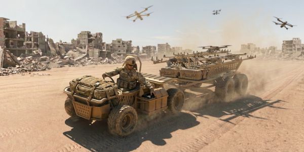 Soldier driving a futuristic military vehicle in a ruined city.