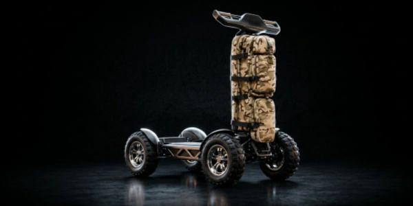 Off-road electric skateboard with large tires and camo backpack.