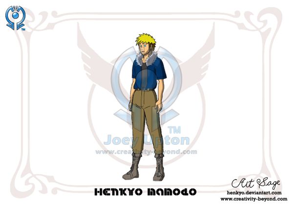 Blond anime character in blue shirt and brown pants.