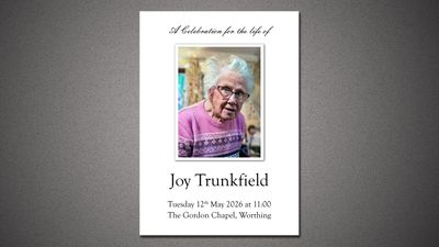 Memorial card honoring Joy Trunkfield with service details.