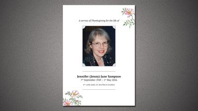 Memorial card honoring Jennifer Jane Sampson with floral decorations.