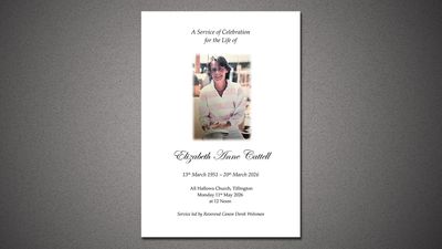 Memorial card honoring Elizabeth Anne Cattell with photo and service details.