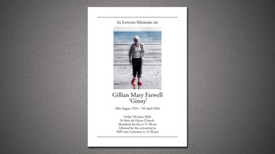 Memorial card for Gillian Mary Farwell with photo and funeral details.