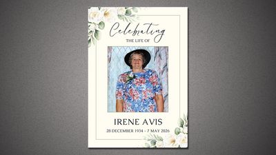 Memorial card celebrating the life of Irene Avis with floral design.