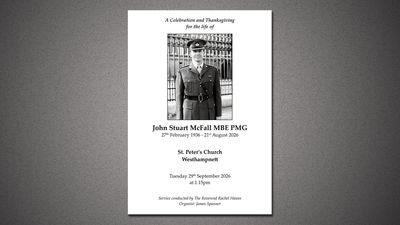 Memorial invitation for John Stuart McFall MBE PMG.