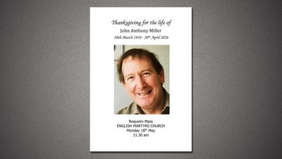 Memorial card for John Anthony Miller with photo and funeral details.