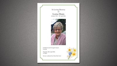 Memorial card honoring Lorna Drain with her photo and funeral details.