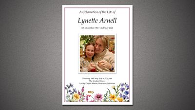 Memorial card celebrating Lynette Arnell's life with floral border and photo.