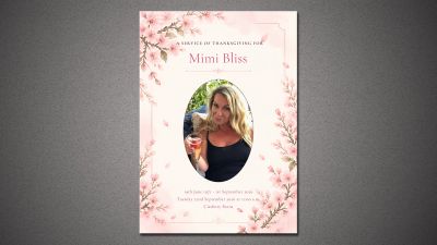 A memorial card for Mimi Bliss with floral decoration.