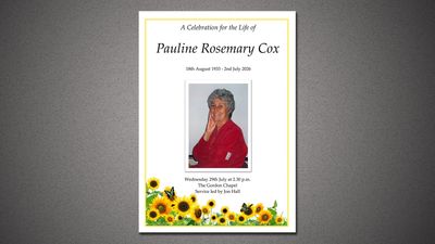 Funeral program for Pauline Rosemary Cox with sunflowers.