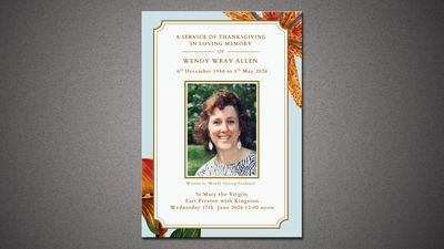 Memorial service card with a photo of Wendy Wray Allen and autumn leaves design.