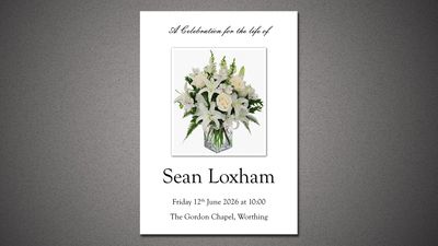 A funeral invitation featuring white flowers and details for Sean Loxham's memorial service.