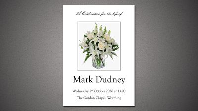 Memorial invitation with white flowers for Mark Dudney.