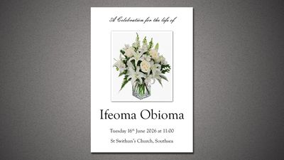 Memorial card with white flowers honoring Ifeoma Obioma's life celebration.