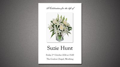 Memorial card for Suzie Hunt with white flowers.