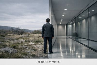 A man stands between wilderness and modern architecture under a cloudy sky.