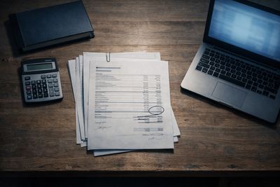 Calculator, documents, and laptop on a wooden desk for financial work.