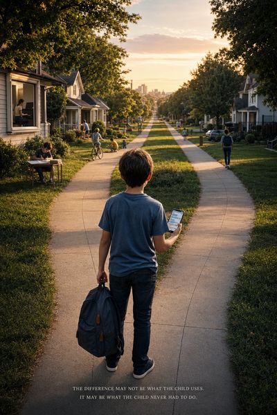 Boy with phone and backpack at fork in neighborhood sidewalk