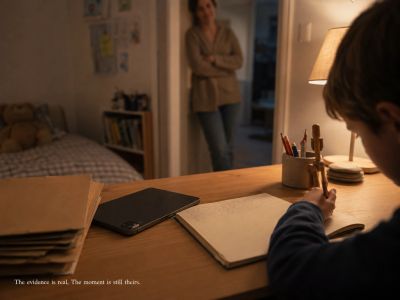 Child writing at desk with woman in background.