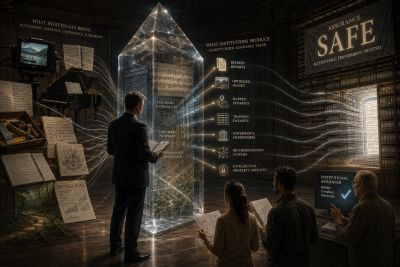 People learning about insurance products in a futuristic, illuminated display room.