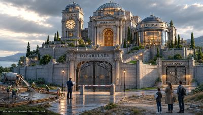 A majestic castle labeled with words like vocabulary and thesaurus at sunset.