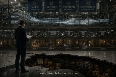A man observes a futuristic data display emphasizing trust and AI principles.
