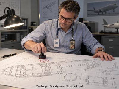 Engineer wearing both company and inspector badges signs off