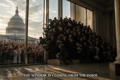 A group of men pushing a large window closed with the Capitol building in the background.