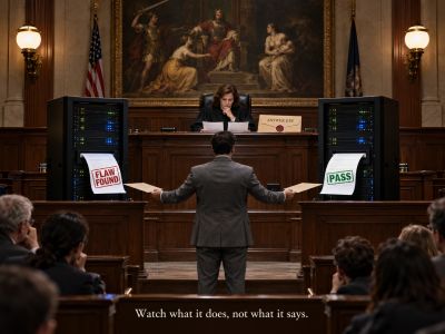 courtroom, judge, two AI servers, test results, Solomon art