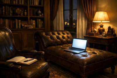 Cozy vintage study room with leather furniture and a laptop.