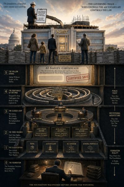 A detailed infographic illustrating the structure and control behind AI safety certification.