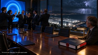 AI audit report beside executives toasting a launch