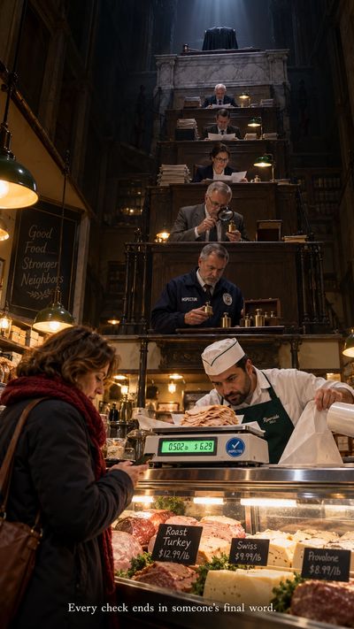 Deli , inspection sticker, inspectors, judge's bench