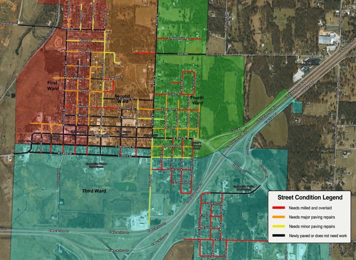 Map of Carterville showing street conditions and ward boundaries with color-coded repair needs.