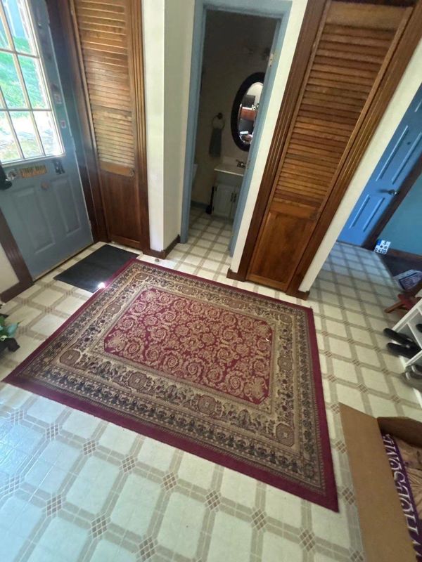 Hallway with wooden doors and a patterned rug.