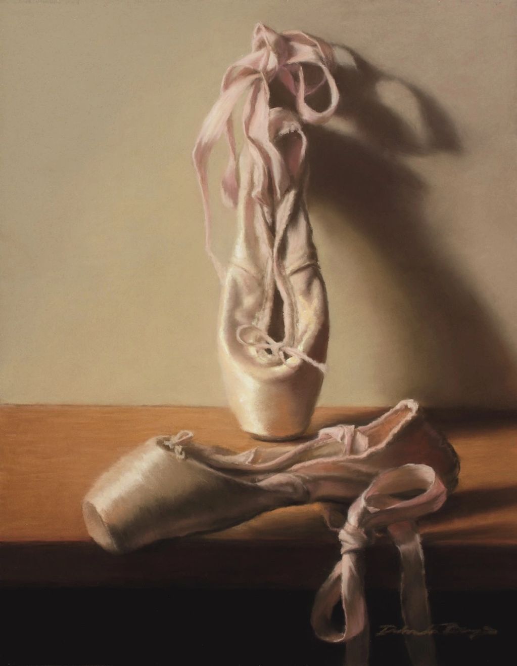 Pastel painting of pink ballet shoes against a light background with cast shadows.