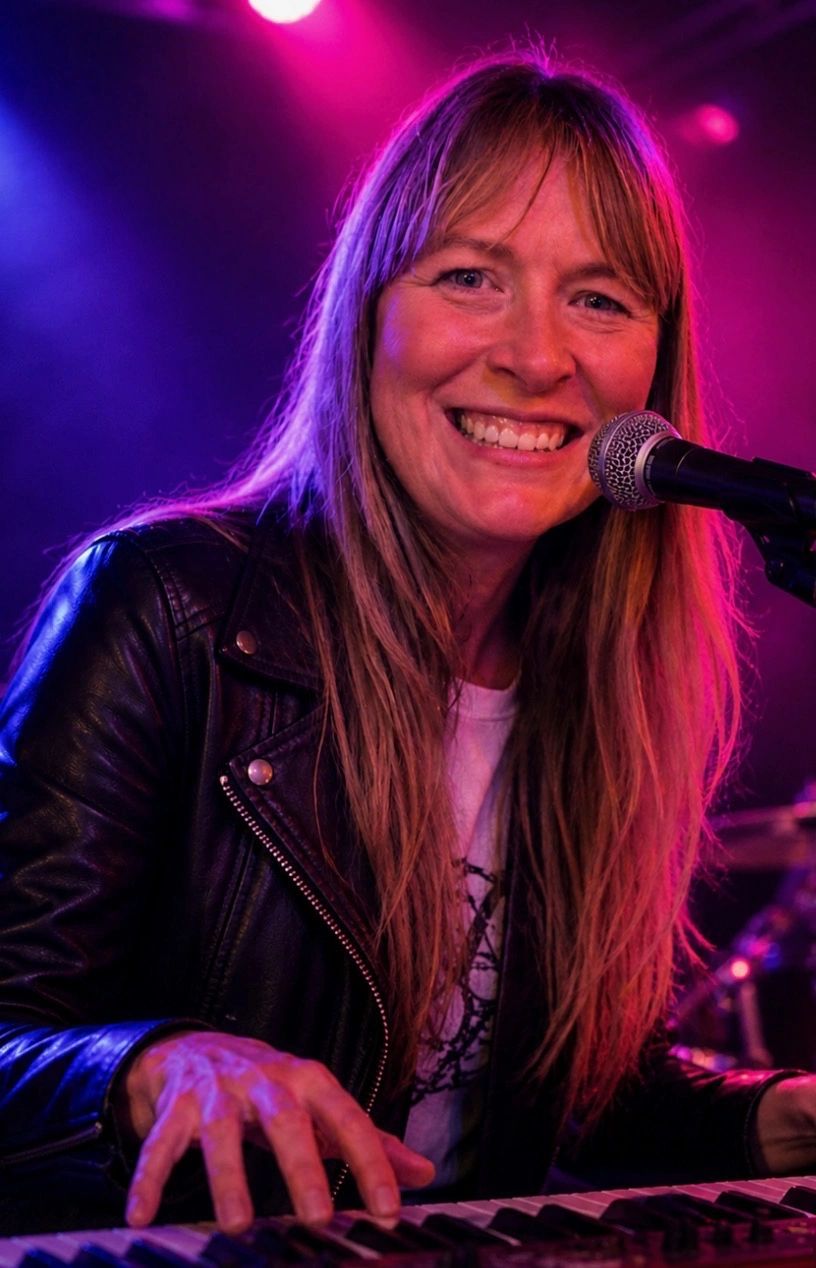 Smiling woman playing keyboard and singing into microphone on stage.