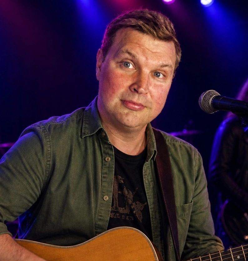 Man playing guitar on stage with microphone.