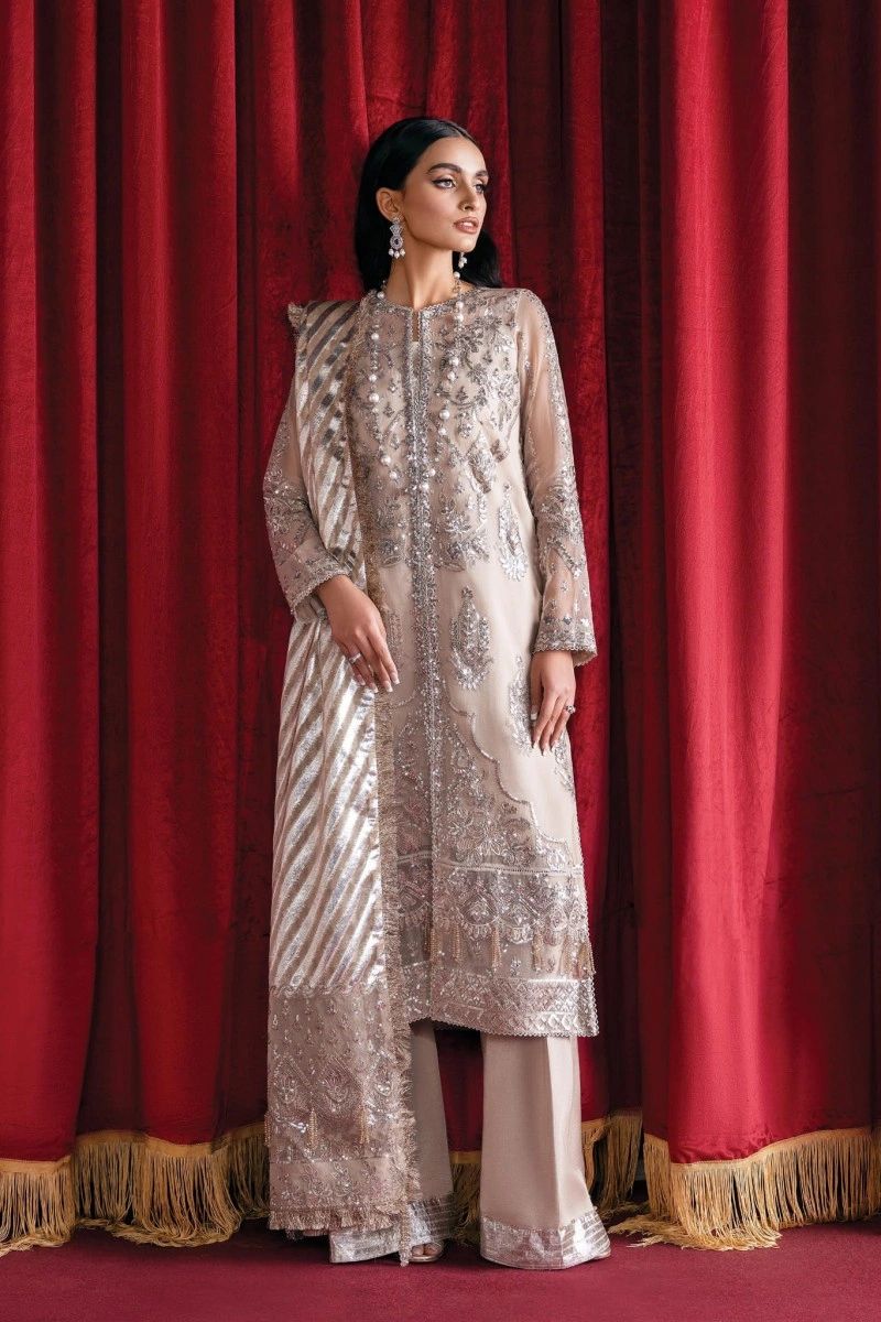 Beige Designer Function Wear Semi-Stitched Organza Pant Suit With Embroidery Work