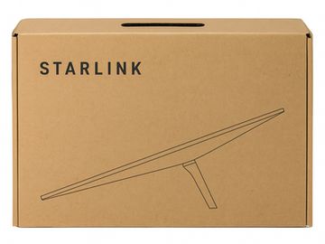 Cardboard box with Starlink branding and satellite dish sketch.