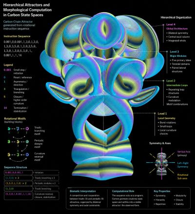 Colorful 3D fractal attractor visual with hierarchical labels and explanations.